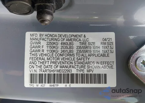 2021 Honda Cr-V Hybrid Touring из США, поврежденный, VIN 7FART6H91ME022993